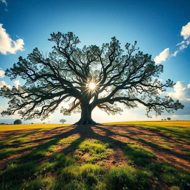 A serene landscape featuring an ancient, majestic tree with sprawling branches reaching out in all directions, set against a rich, fertile earth that shows signs of life with green grass and colorful wildflowers