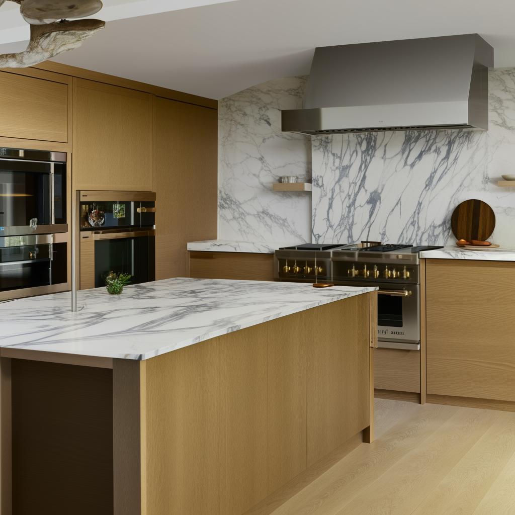 Redesign of a modern kitchen with high-end appliances, marble countertops, oak cabinets, and an island in the middle