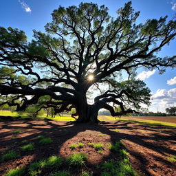 A serene landscape featuring an ancient, majestic tree with sprawling branches reaching out in all directions, set against a rich, fertile earth that shows signs of life with green grass and colorful wildflowers