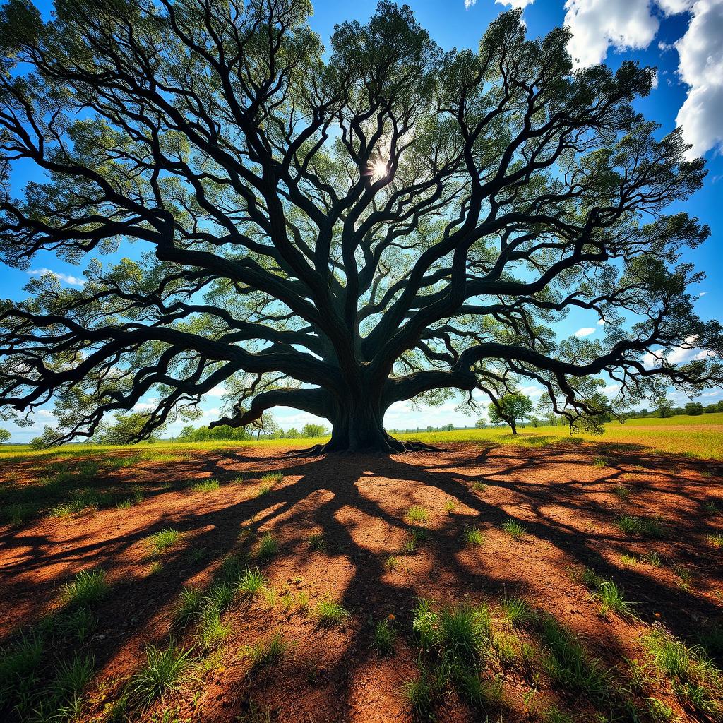 A serene landscape featuring an ancient, majestic tree with sprawling branches reaching out in all directions, set against a rich, fertile earth that shows signs of life with green grass and colorful wildflowers