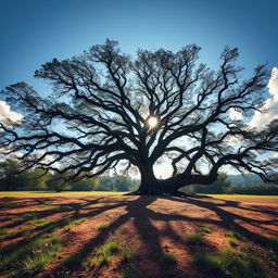 A serene landscape featuring an ancient, majestic tree with sprawling branches reaching out in all directions, set against a rich, fertile earth that shows signs of life with green grass and colorful wildflowers