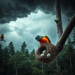 A dramatic forest scene during a fierce storm, showcasing dark, swirling clouds overhead