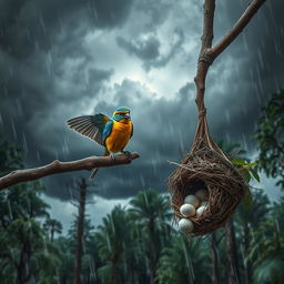 A dramatic forest scene during a fierce storm, showcasing dark, swirling clouds overhead