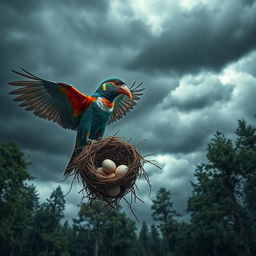 A dramatic forest scene during a fierce storm, showcasing dark, swirling clouds overhead