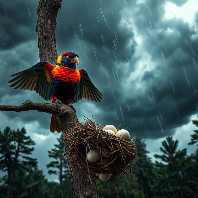 A dramatic forest scene during a fierce storm, showcasing dark, swirling clouds overhead