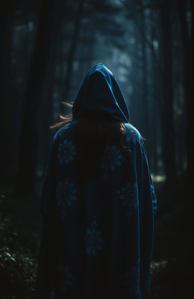 A woman wearing a beautiful blue cloak adorned with intricate white flowering patterns, her hood covering her head as she walks into a dark, mystical forest