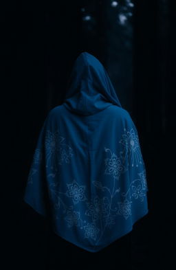A woman wearing a beautiful blue cloak adorned with intricate white flowering patterns, her hood covering her head as she walks into a dark, mystical forest