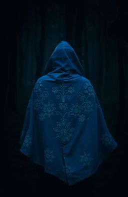 A woman wearing a beautiful blue cloak adorned with intricate white flowering patterns, her hood covering her head as she walks into a dark, mystical forest