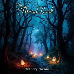 A captivating and mysterious book cover featuring a mystical forest at twilight, with ethereal light filtering through ancient, towering trees
