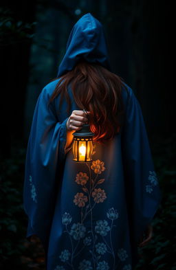 A woman in a stunning blue cloak adorned with beautiful white flowering patterns, with the hood covering her head