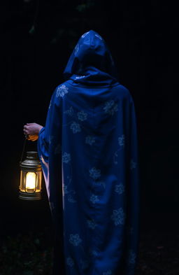 A woman in a stunning blue cloak adorned with beautiful white flowering patterns, with the hood covering her head