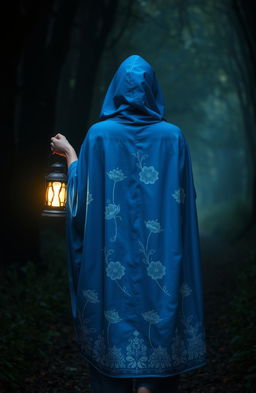 A woman in a stunning blue cloak adorned with beautiful white flowering patterns, with the hood covering her head