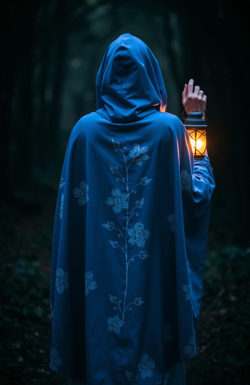 A woman in a stunning blue cloak adorned with beautiful white flowering patterns, with the hood covering her head