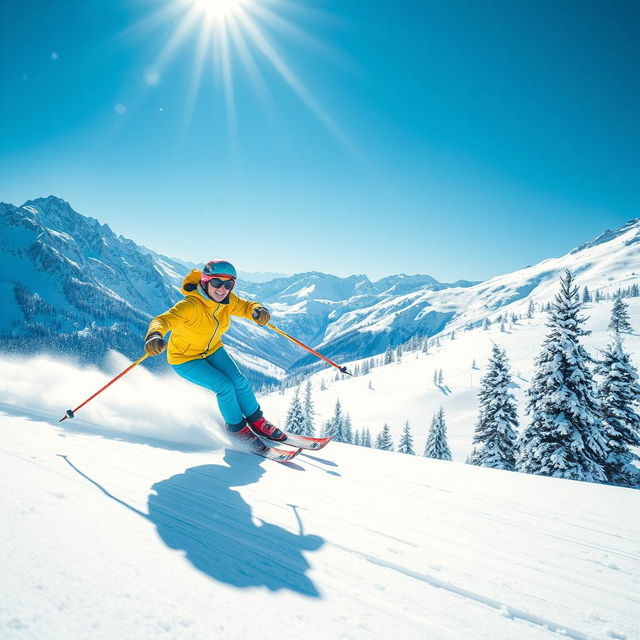 A dynamic scene of ice skiing on a snow-covered mountain slope, featuring a skilled skier in bright ski gear, gracefully carving through fresh powder snow