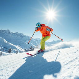 A dynamic scene of ice skiing on a snow-covered mountain slope, featuring a skilled skier in bright ski gear, gracefully carving through fresh powder snow