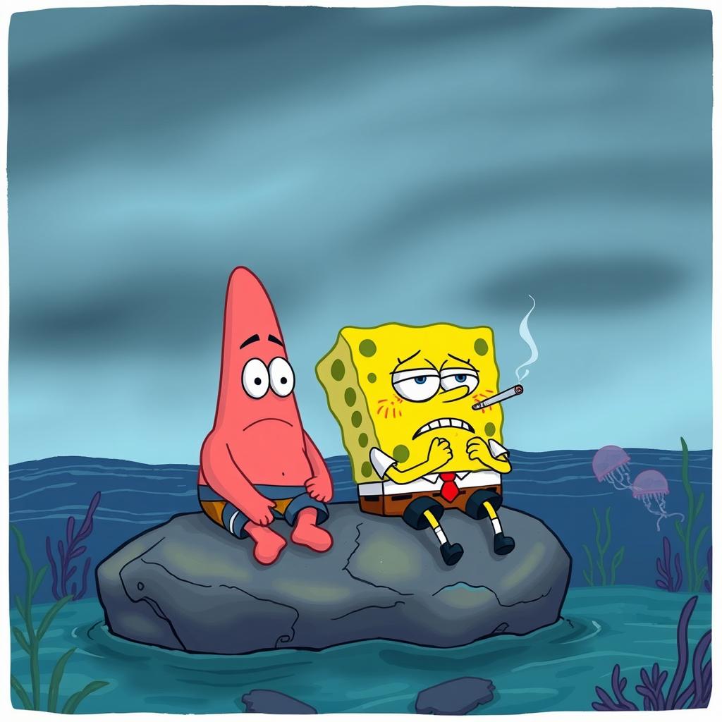 An illustration featuring Patrick Star and SpongeBob SquarePants looking sad while smoking