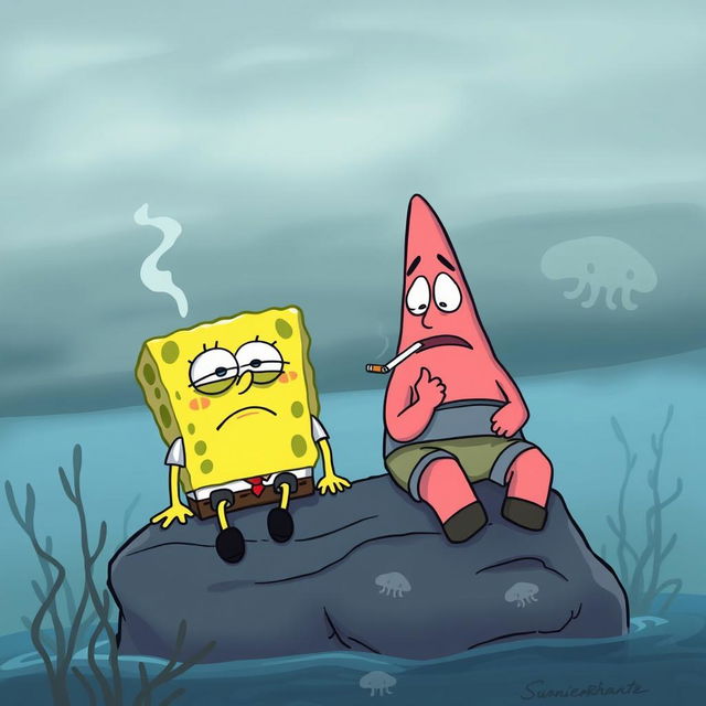 An illustration featuring Patrick Star and SpongeBob SquarePants looking sad while smoking