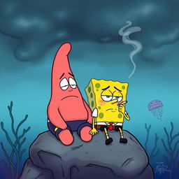 An illustration featuring Patrick Star and SpongeBob SquarePants looking sad while smoking