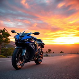 A dynamic scene featuring a sleek Yamaha R1 motorcycle on a winding mountain road during sunset