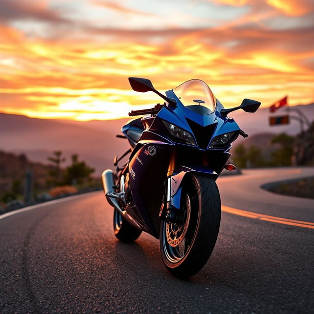 A dynamic scene featuring a sleek Yamaha R1 motorcycle on a winding mountain road during sunset