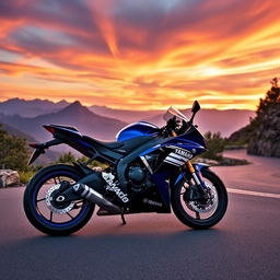 A dynamic scene featuring a sleek Yamaha R1 motorcycle on a winding mountain road during sunset