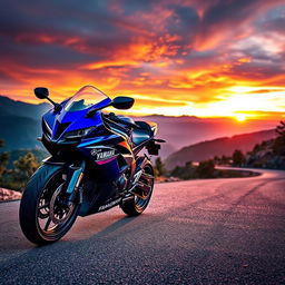 A dynamic scene featuring a sleek Yamaha R1 motorcycle on a winding mountain road during sunset