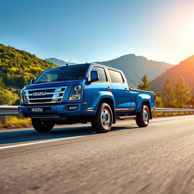 A detailed image of an Isuzu truck parked on a scenic highway