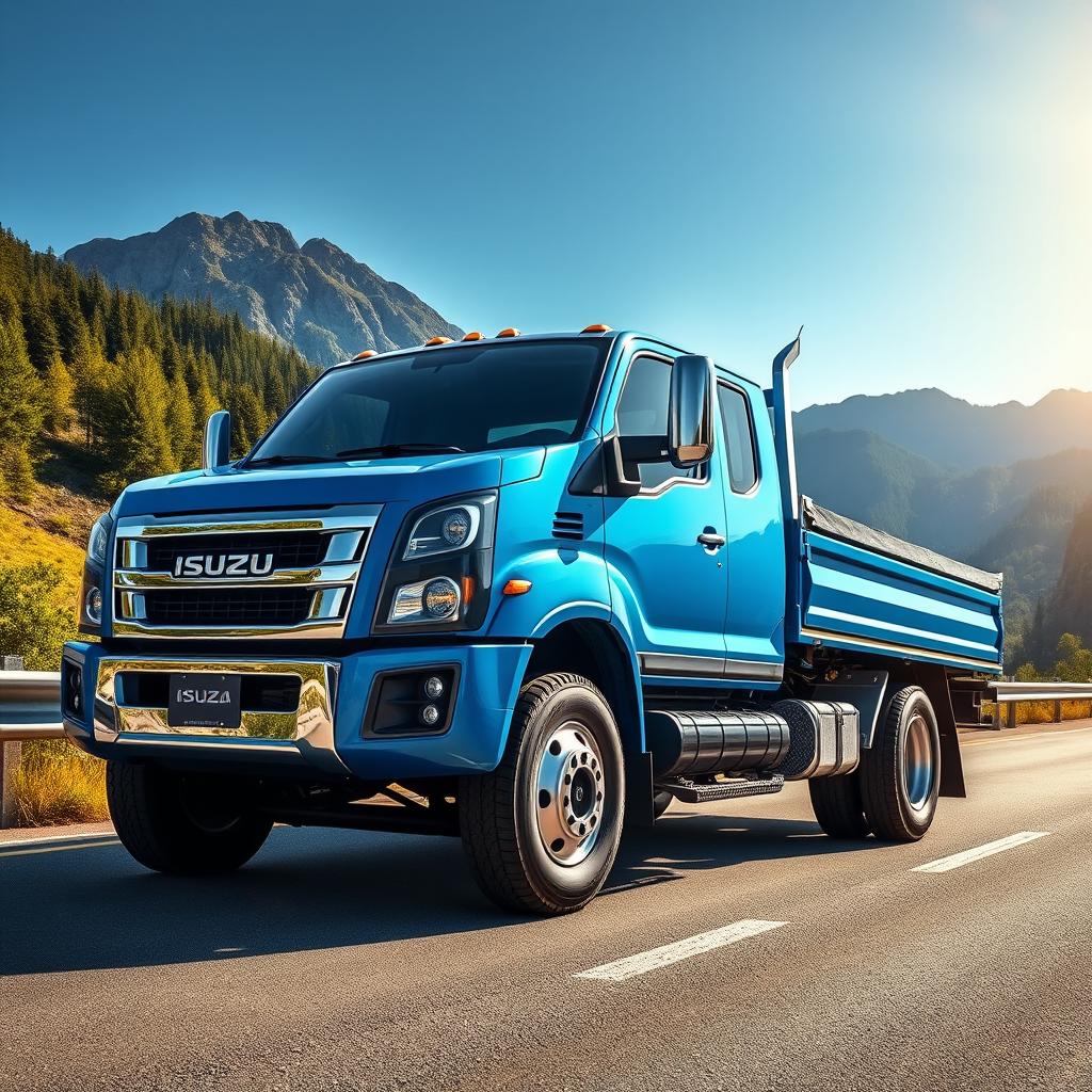 A detailed image of an Isuzu truck parked on a scenic highway