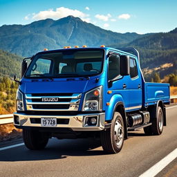 A detailed image of an Isuzu truck parked on a scenic highway