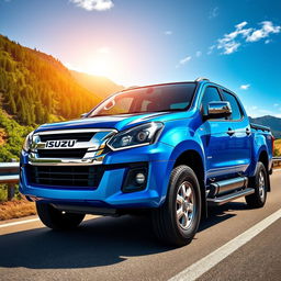 A detailed image of an Isuzu truck parked on a scenic highway