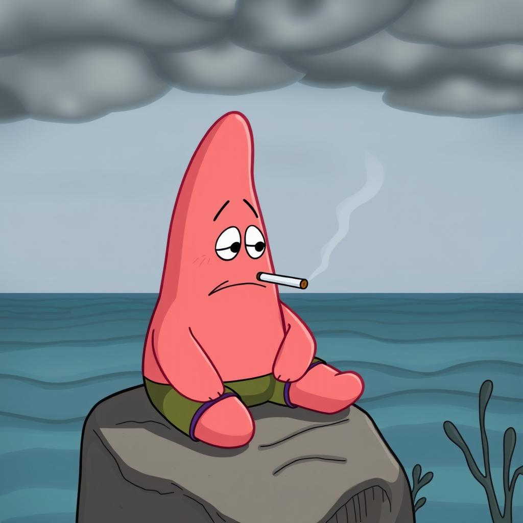 An illustration of Patrick Star looking sad while smoking a cigarette