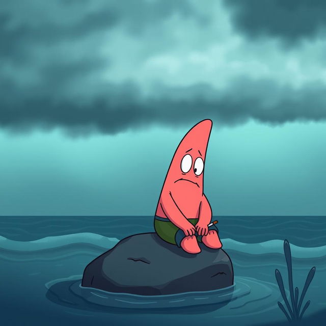 An illustration of Patrick Star looking sad while smoking a cigarette