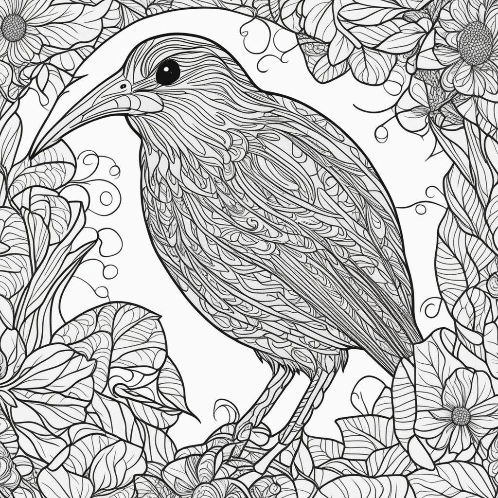 This is a high-quality, black and white line art image of a kiwi bird, designed for coloring