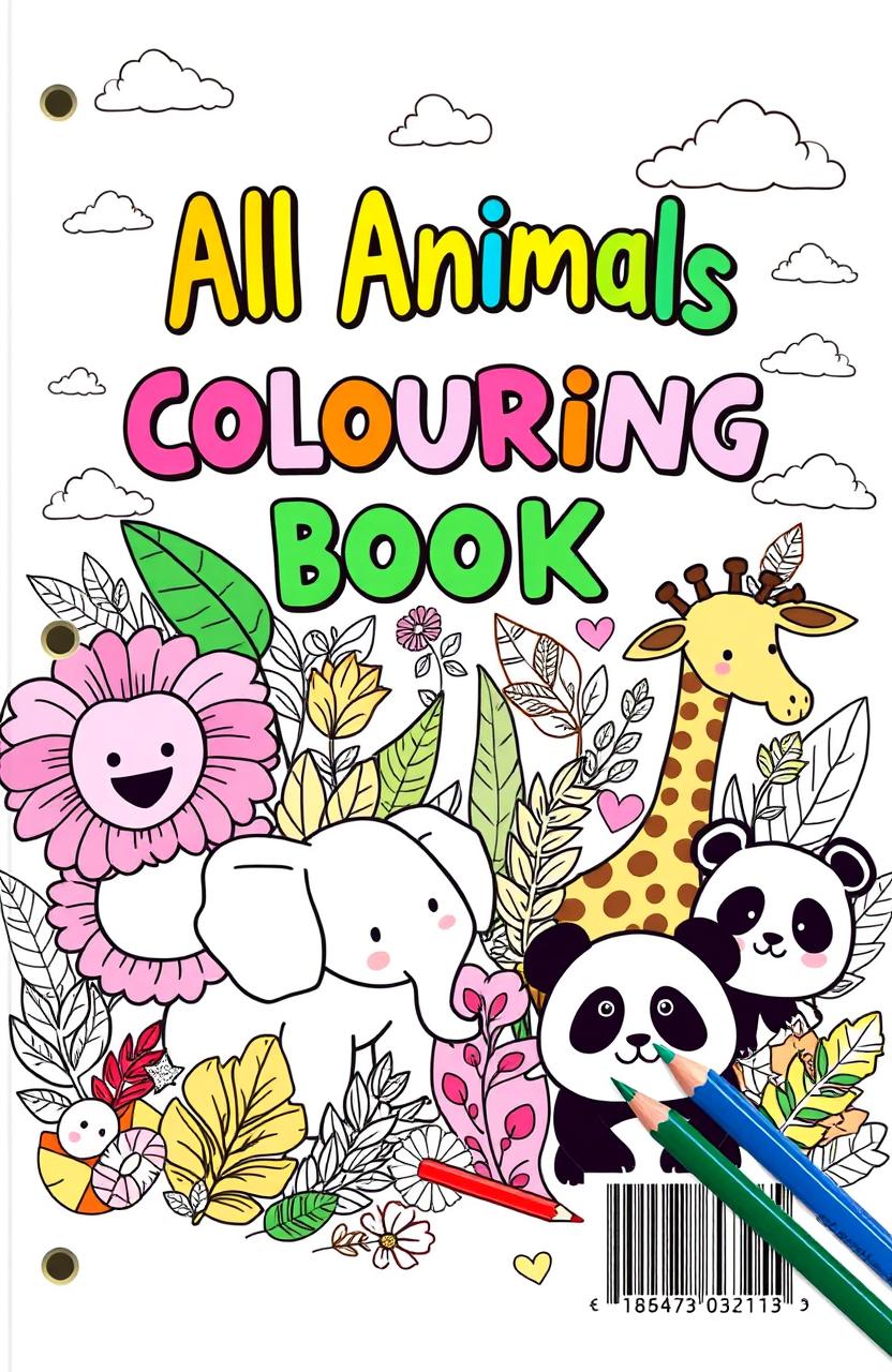 A vibrant and engaging back cover design for a drawing notebook titled ‘All Animals Colouring Book’