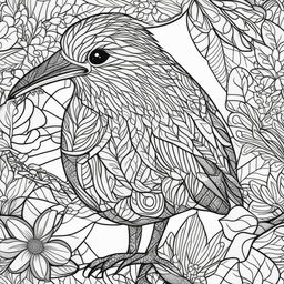 This is a high-quality, black and white line art image of a kiwi bird, designed for coloring