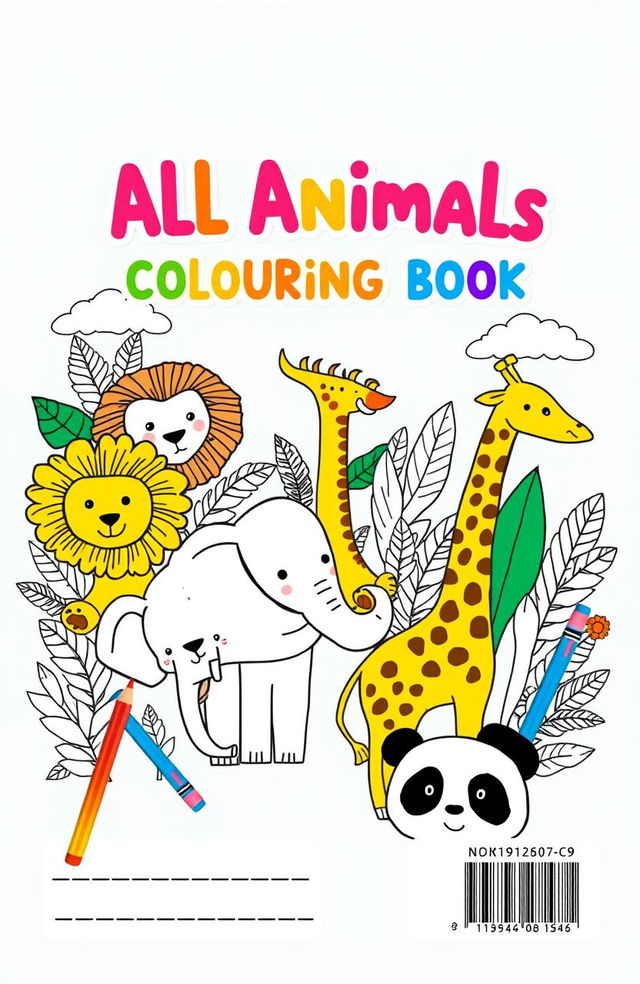 A vibrant and engaging back cover design for a drawing notebook titled ‘All Animals Colouring Book’