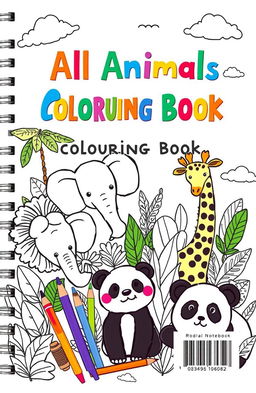 A vibrant and engaging back cover design for a drawing notebook titled ‘All Animals Colouring Book’