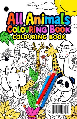 A vibrant and engaging back cover design for a drawing notebook titled ‘All Animals Colouring Book’