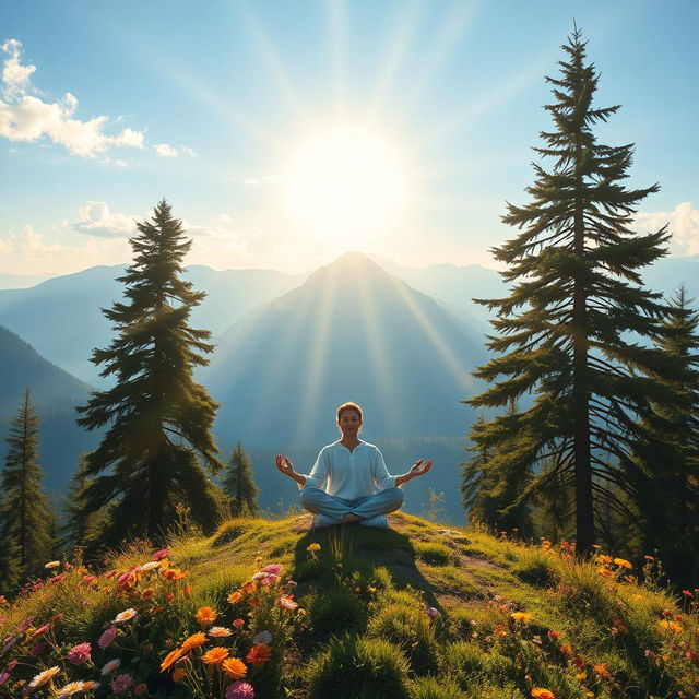 A serene and tranquil scene depicting the essence of self-discovery, featuring a solitary figure meditating on a mountain peak during sunrise