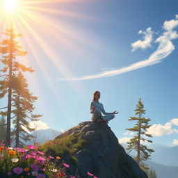 A serene and tranquil scene depicting the essence of self-discovery, featuring a solitary figure meditating on a mountain peak during sunrise