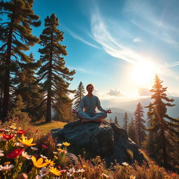 A serene and tranquil scene depicting the essence of self-discovery, featuring a solitary figure meditating on a mountain peak during sunrise
