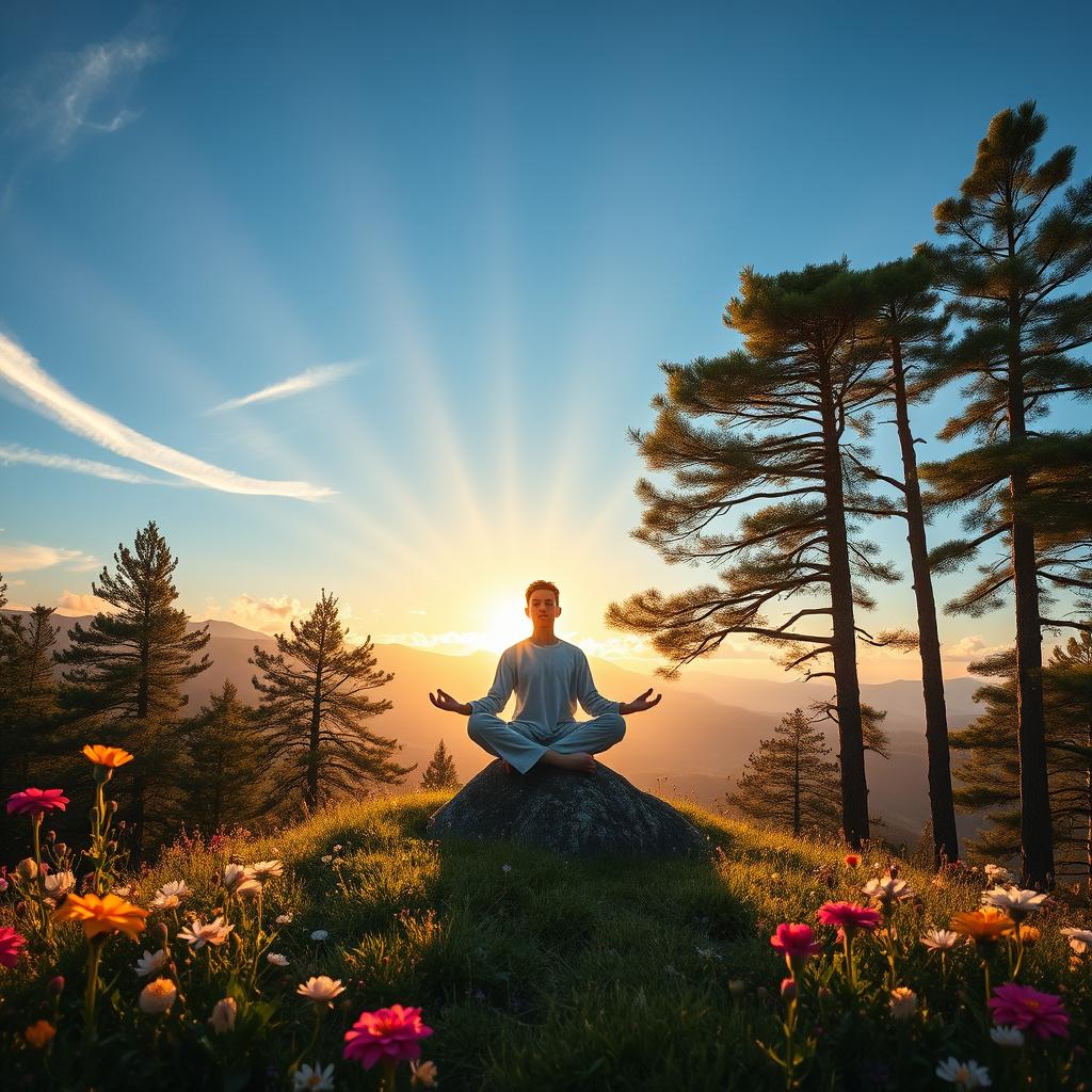 A serene and tranquil scene depicting the essence of self-discovery, featuring a solitary figure meditating on a mountain peak during sunrise