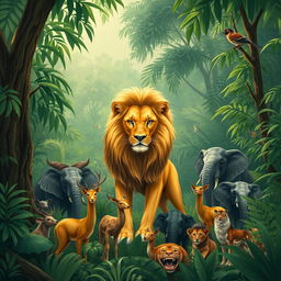 In a lush jungle, a majestic lion ruled as the king among various animals