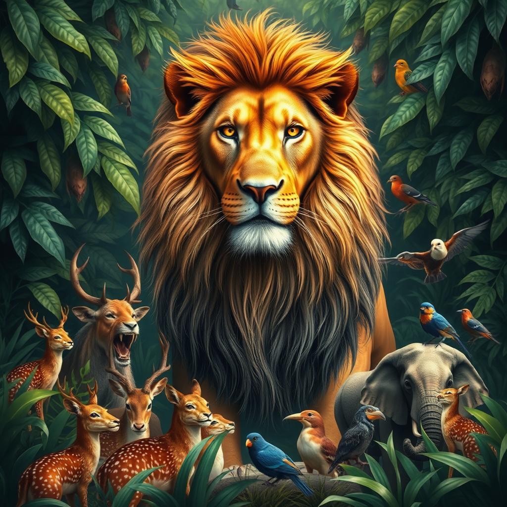 In a lush jungle, a majestic lion ruled as the king among various animals