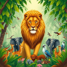 In a lush jungle, a majestic lion ruled as the king among various animals
