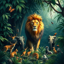In a lush jungle, a majestic lion ruled as the king among various animals