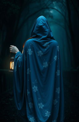 A full portrait of a woman in a flowing blue cloak adorned with beautiful white flowering patterns