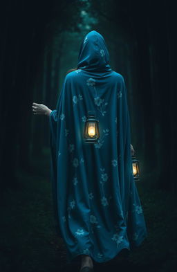 A full portrait of a woman in a flowing blue cloak adorned with beautiful white flowering patterns