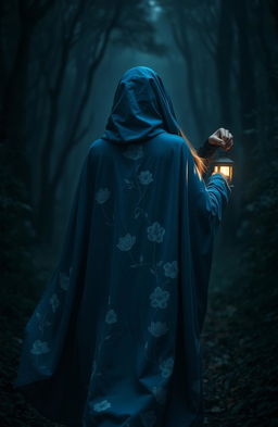 A full portrait of a woman in a flowing blue cloak adorned with beautiful white flowering patterns
