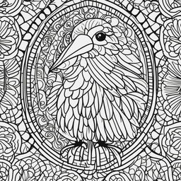 This is a high-quality, black and white line art image of a kiwi bird, designed for coloring